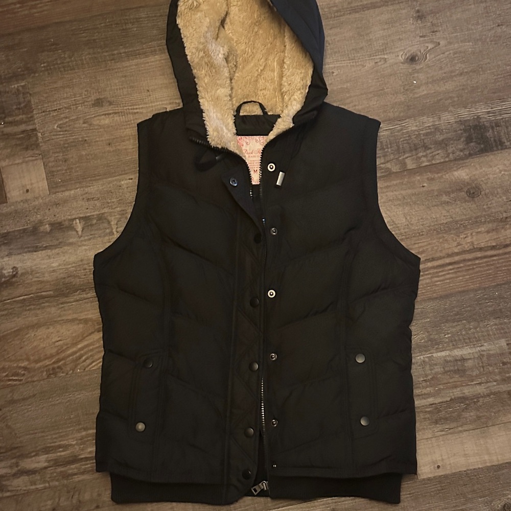 Black Hooded Puffer Vest with Cream Lining